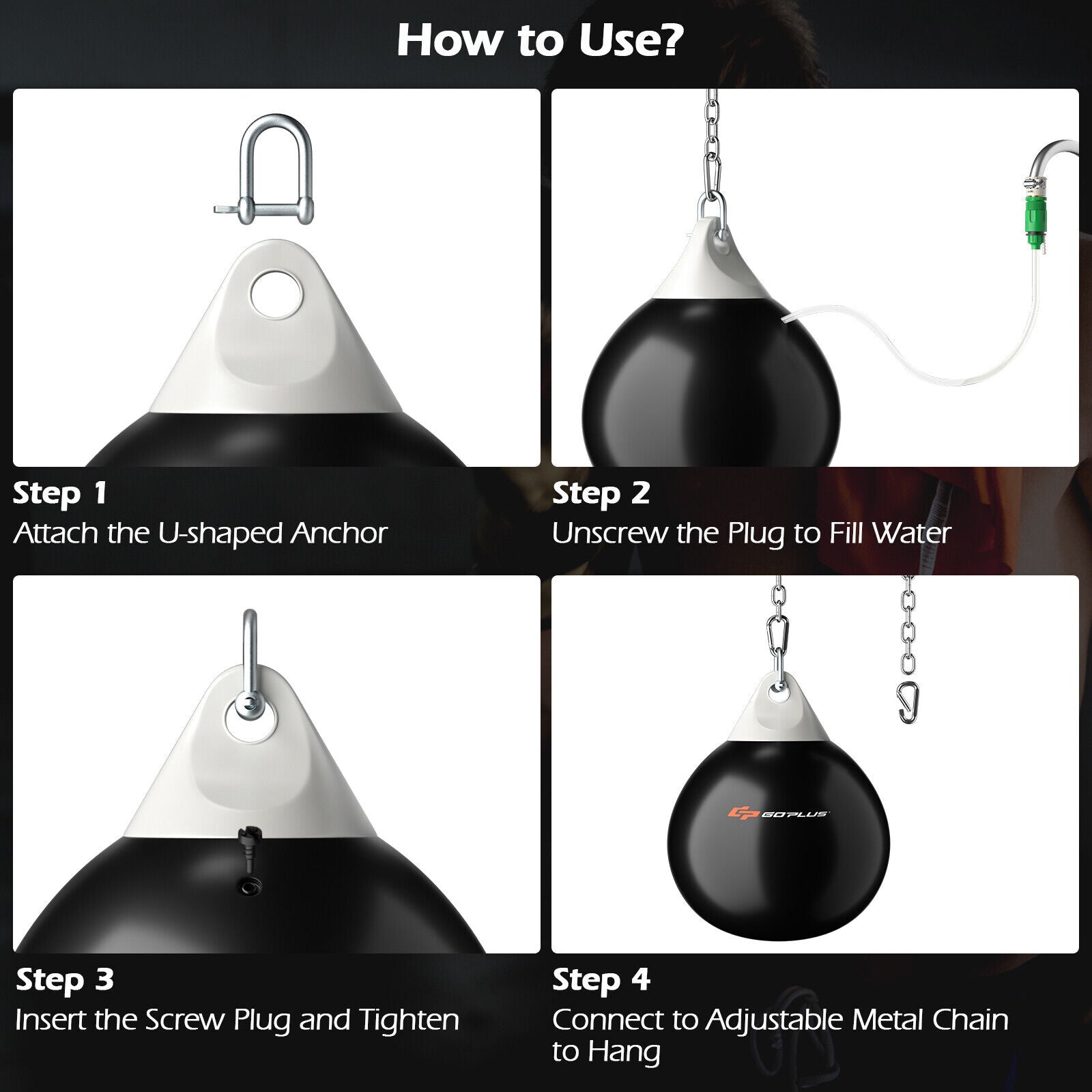 18 Inch 110 Pound Heavy Punching Water Aqua Bag with Adjustable Metal Chain-Black