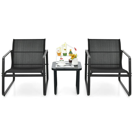 3 Pieces Patio Bistro Furniture Set with Glass Top Table Garden Deck-Black