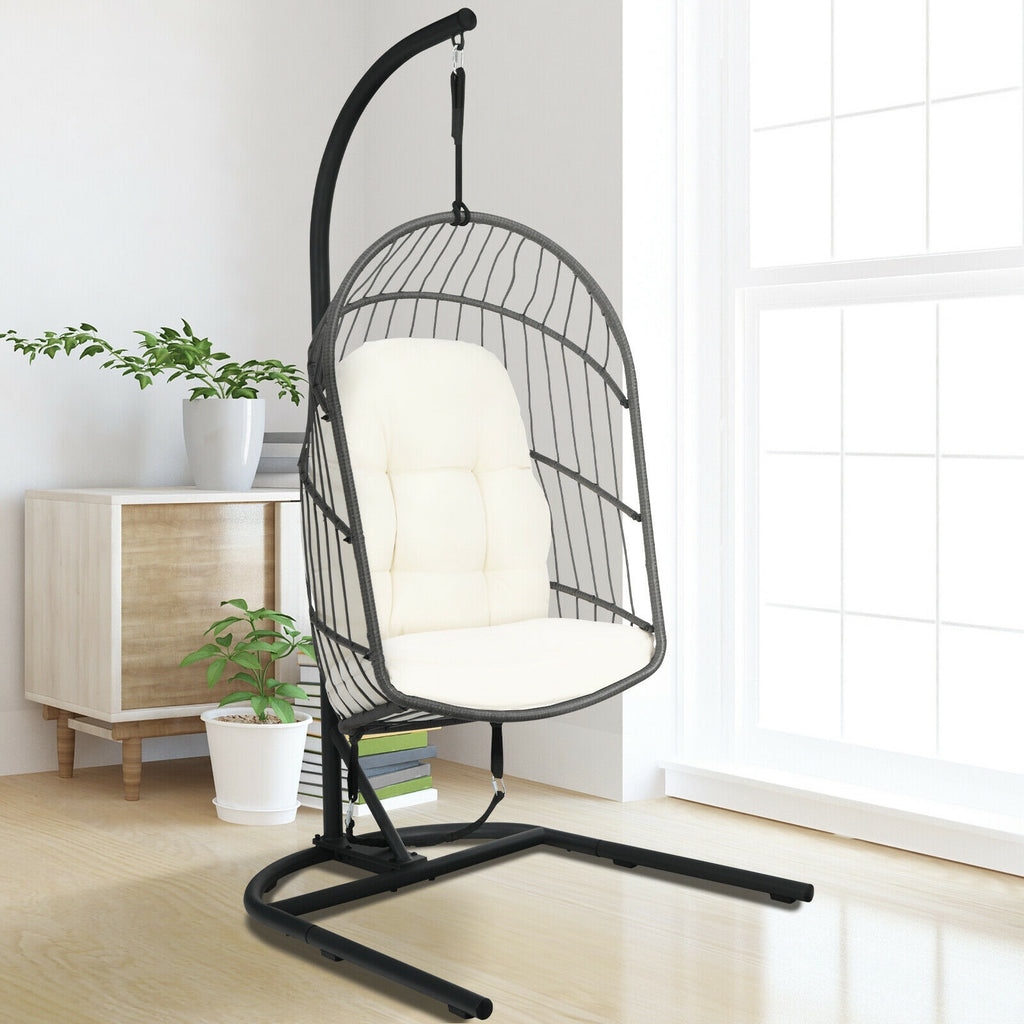 Chaise suspendue en osier en forme d'œuf avec support - Beige