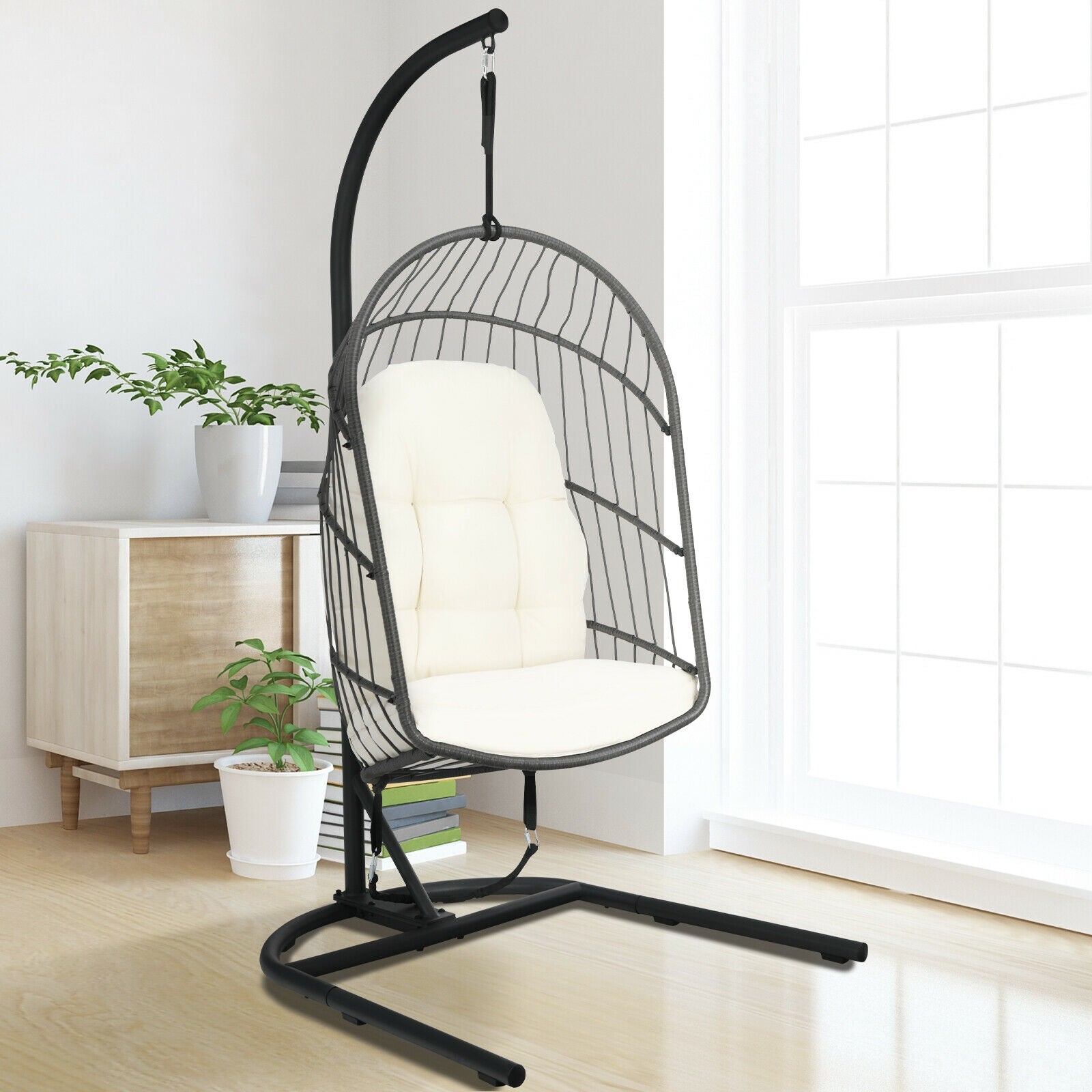 Chaise suspendue en osier en forme d'œuf avec support - Beige