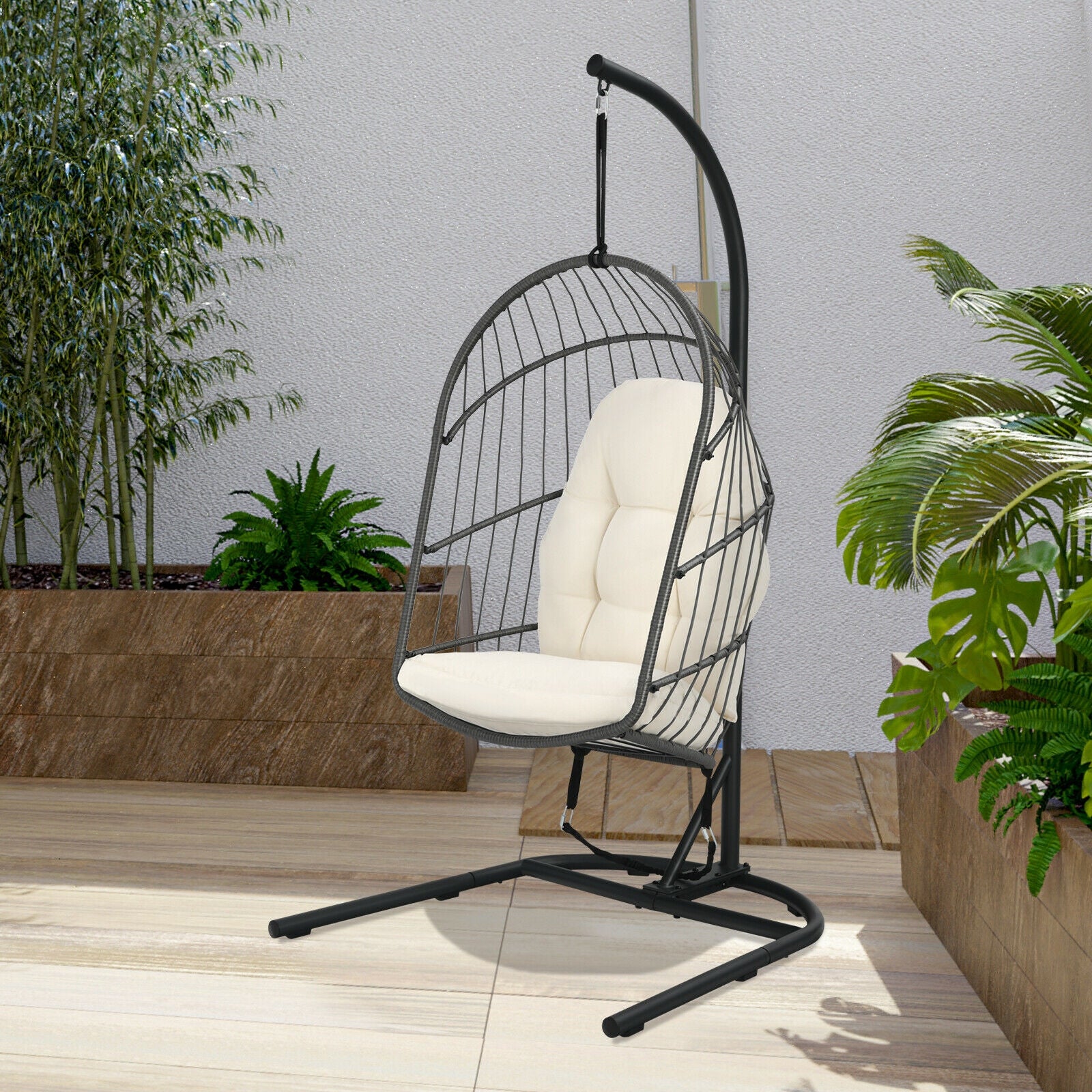 Chaise suspendue en osier en forme d'œuf avec support - Beige