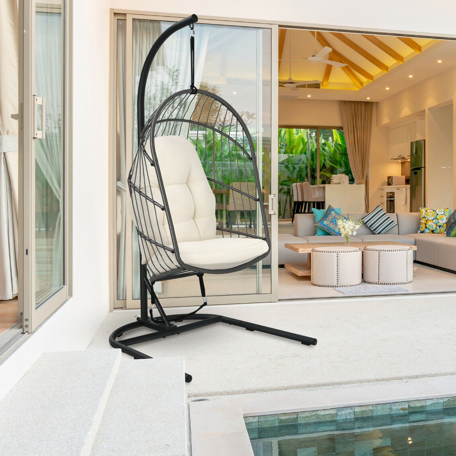 Chaise suspendue en osier en forme d'œuf avec support - Beige