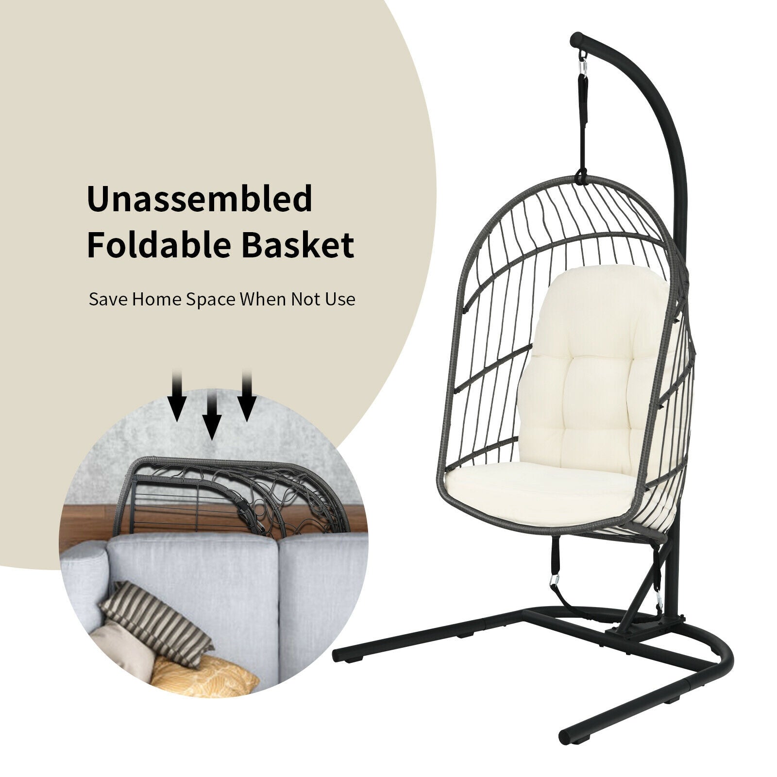 Chaise suspendue en osier en forme d'œuf avec support - Beige