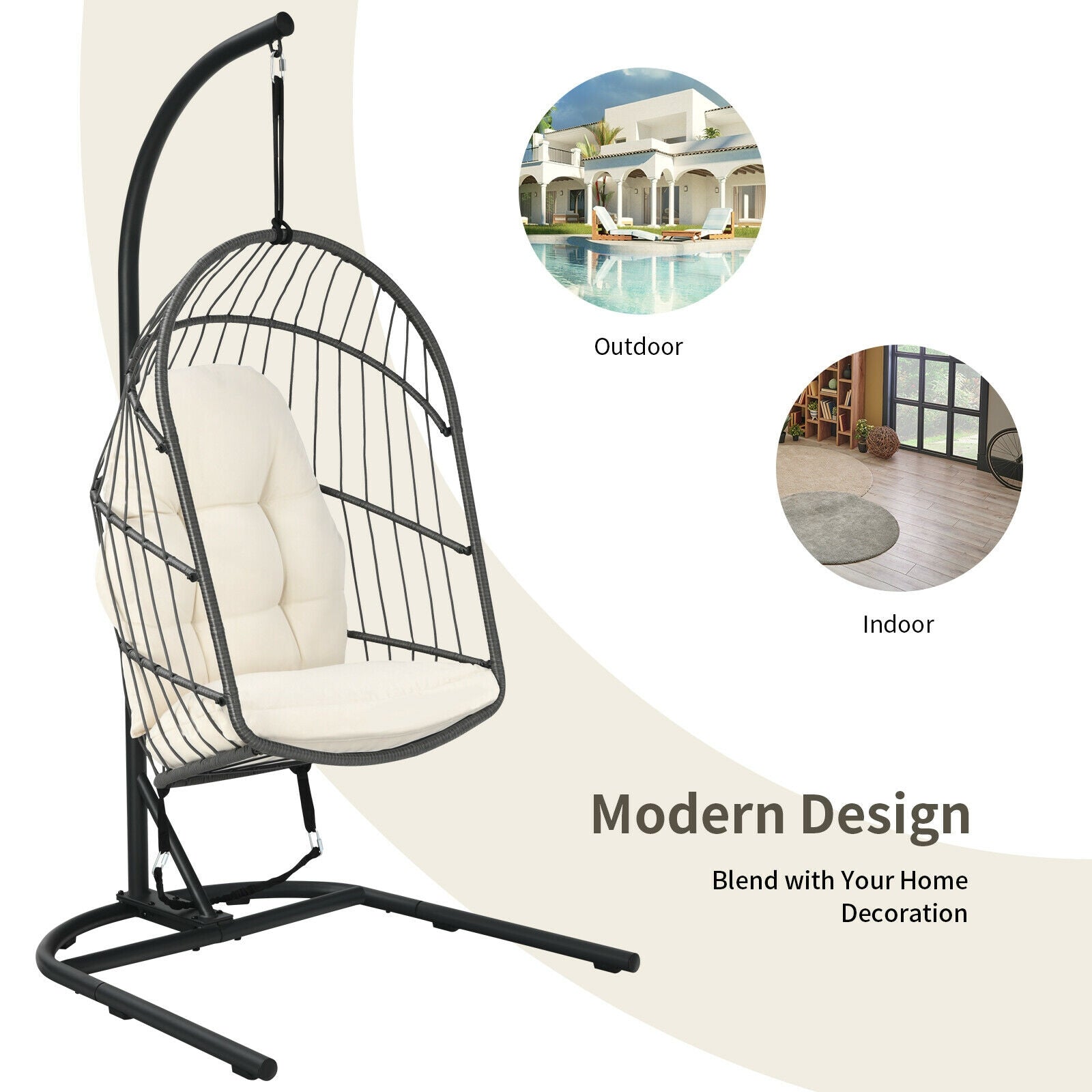 Chaise suspendue en osier en forme d'œuf avec support - Beige