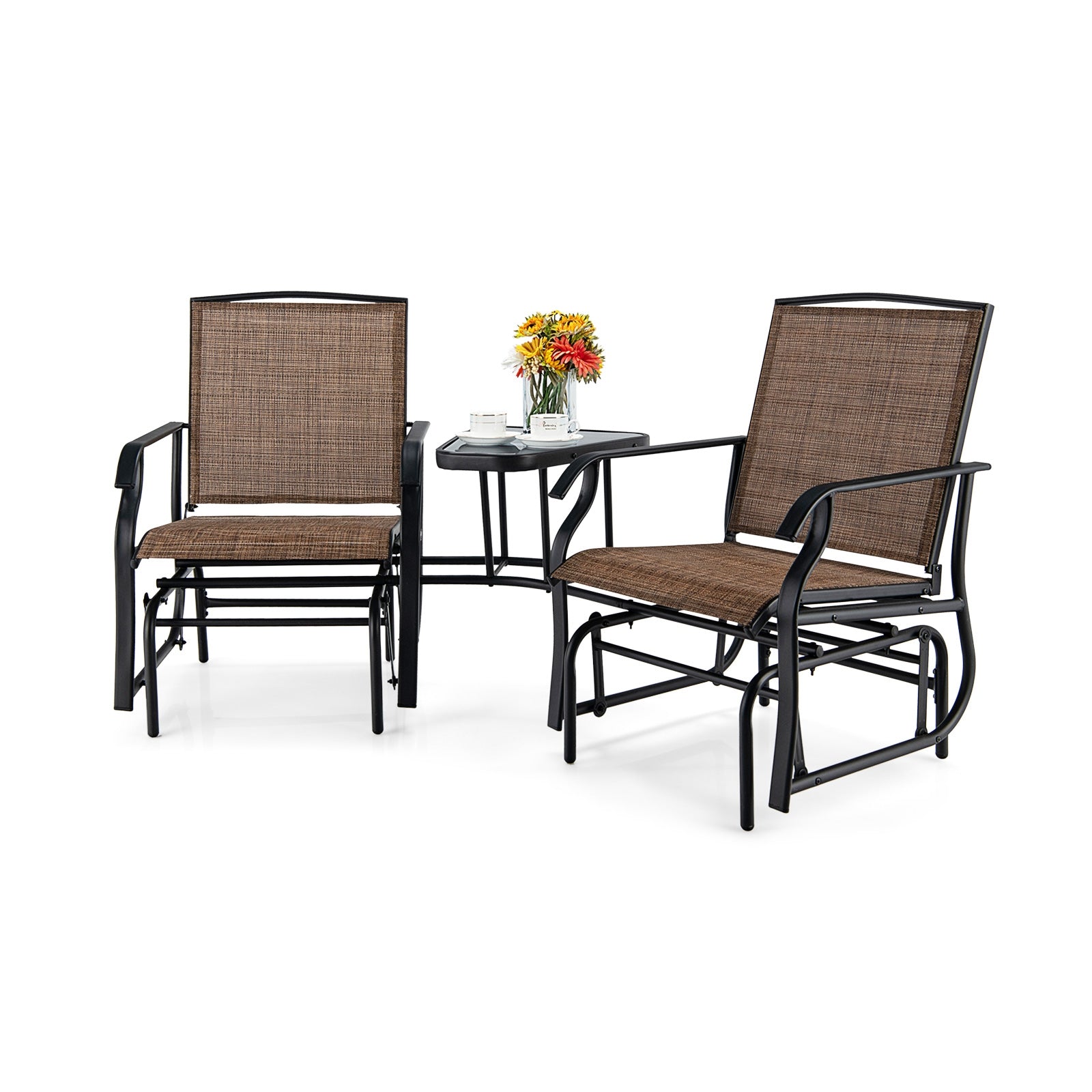 Ensemble fauteuil planeur double balançoire avec table en verre-Marron