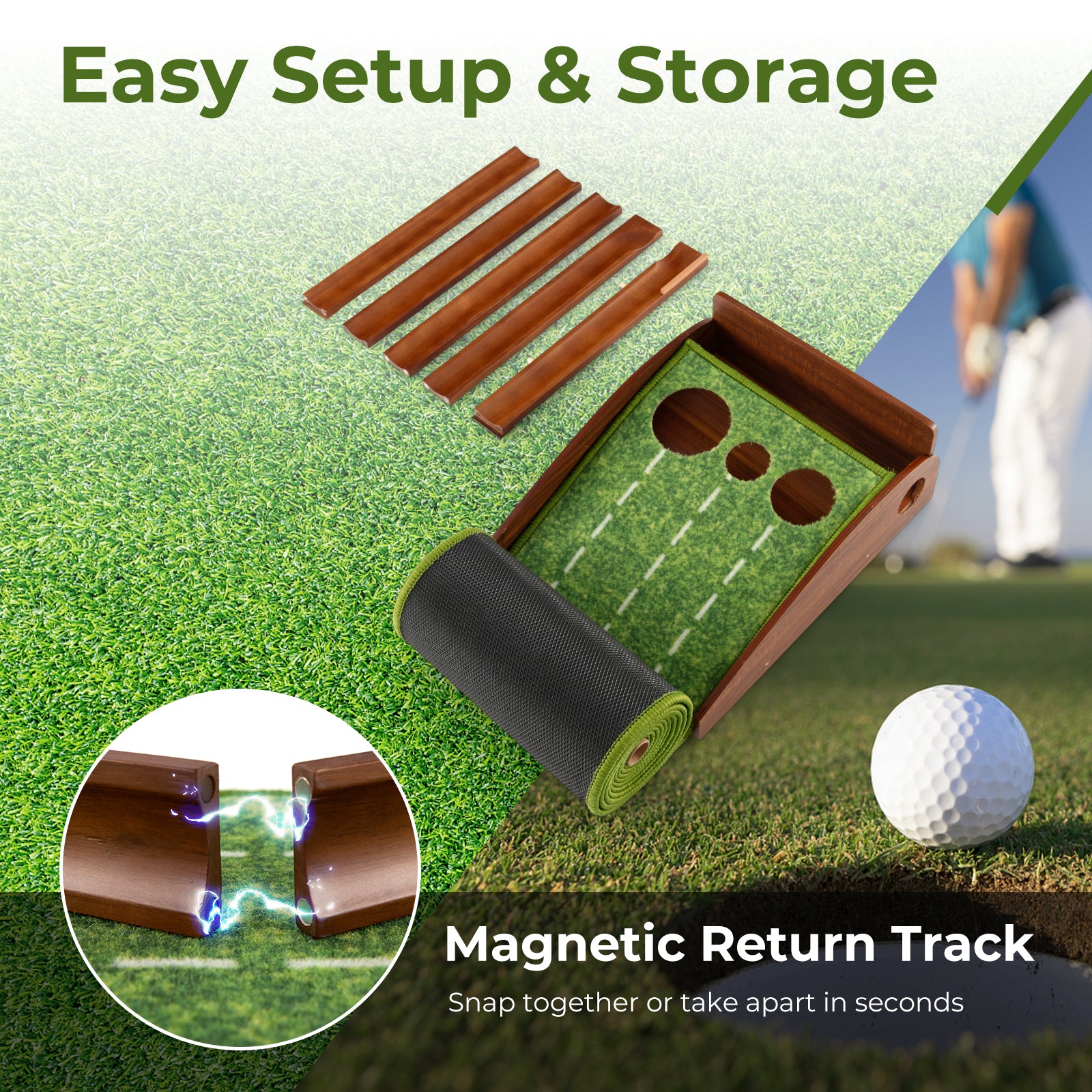 Golf Putting Mat Practice Training Aid with Auto Ball Return and 3 Hole Sizes