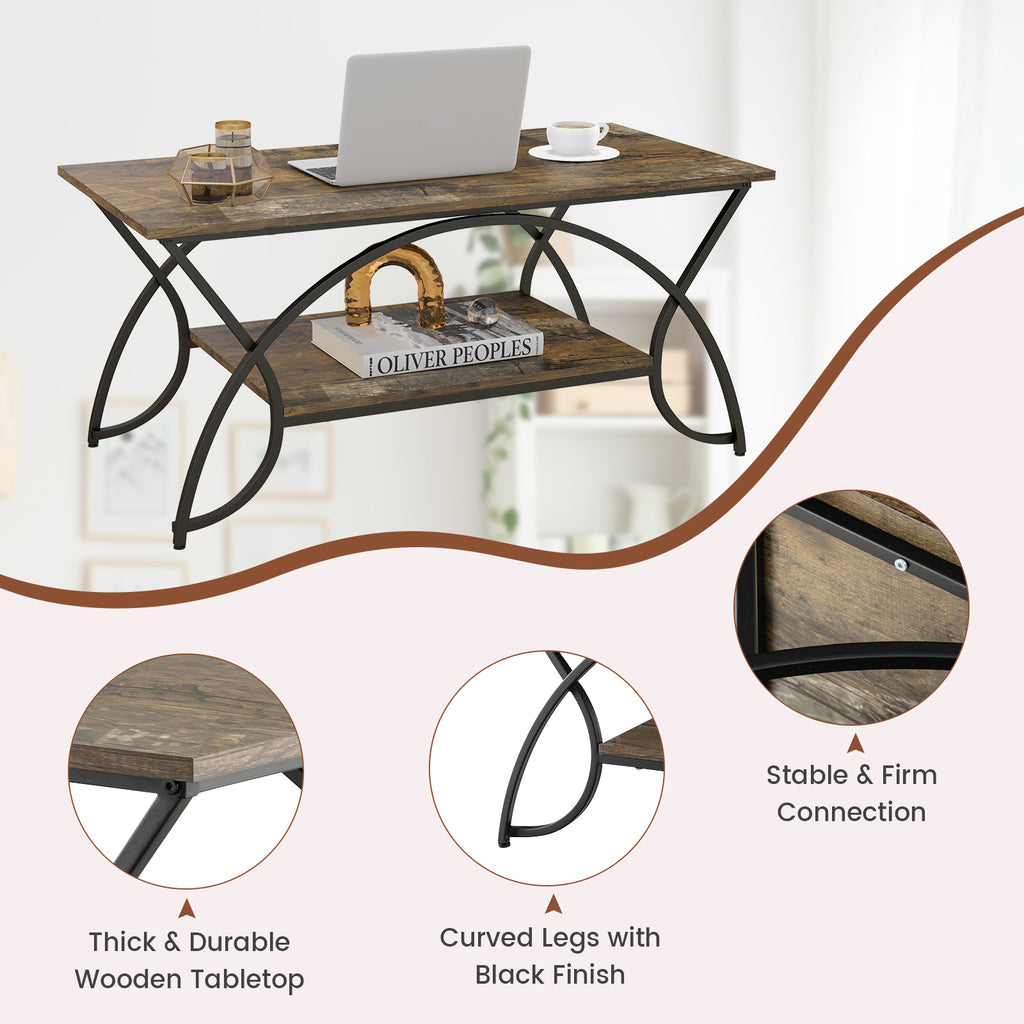 2-Tier Faux Marble Coffee Table with Marble Top and Metal Frame-Dark Brown