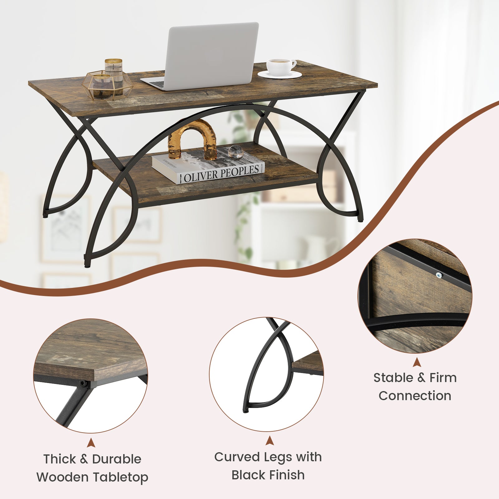 2-Tier Faux Marble Coffee Table with Marble Top and Metal Frame-Dark Brown