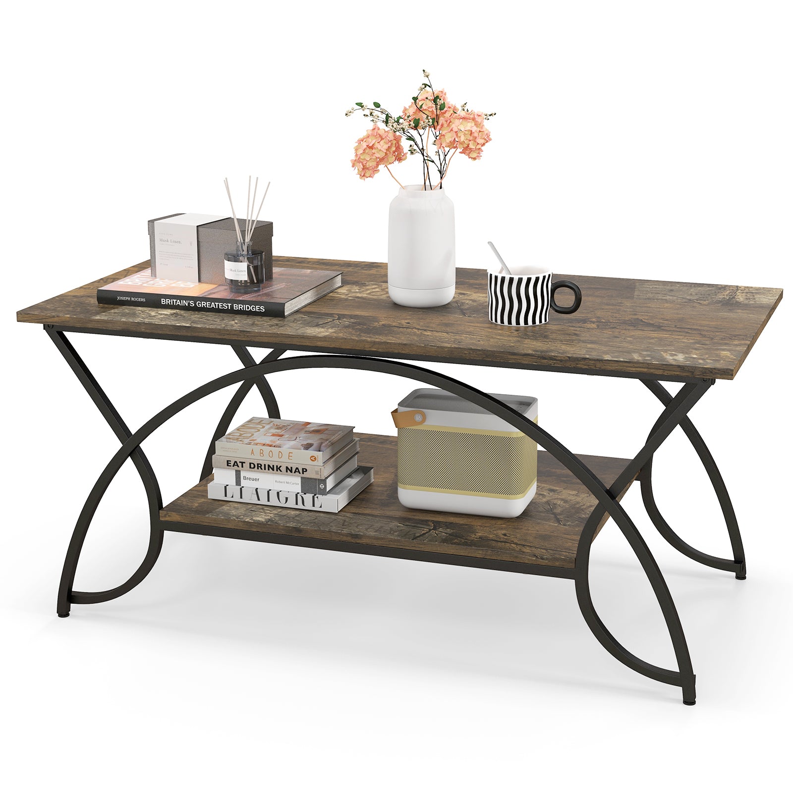 2-Tier Faux Marble Coffee Table with Marble Top and Metal Frame-Dark Brown