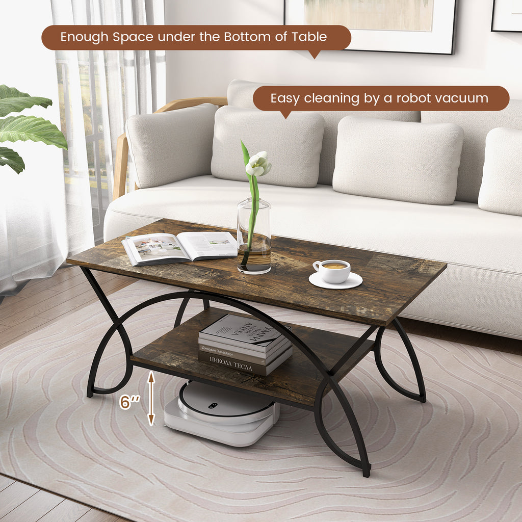 2-Tier Faux Marble Coffee Table with Marble Top and Metal Frame-Dark Brown