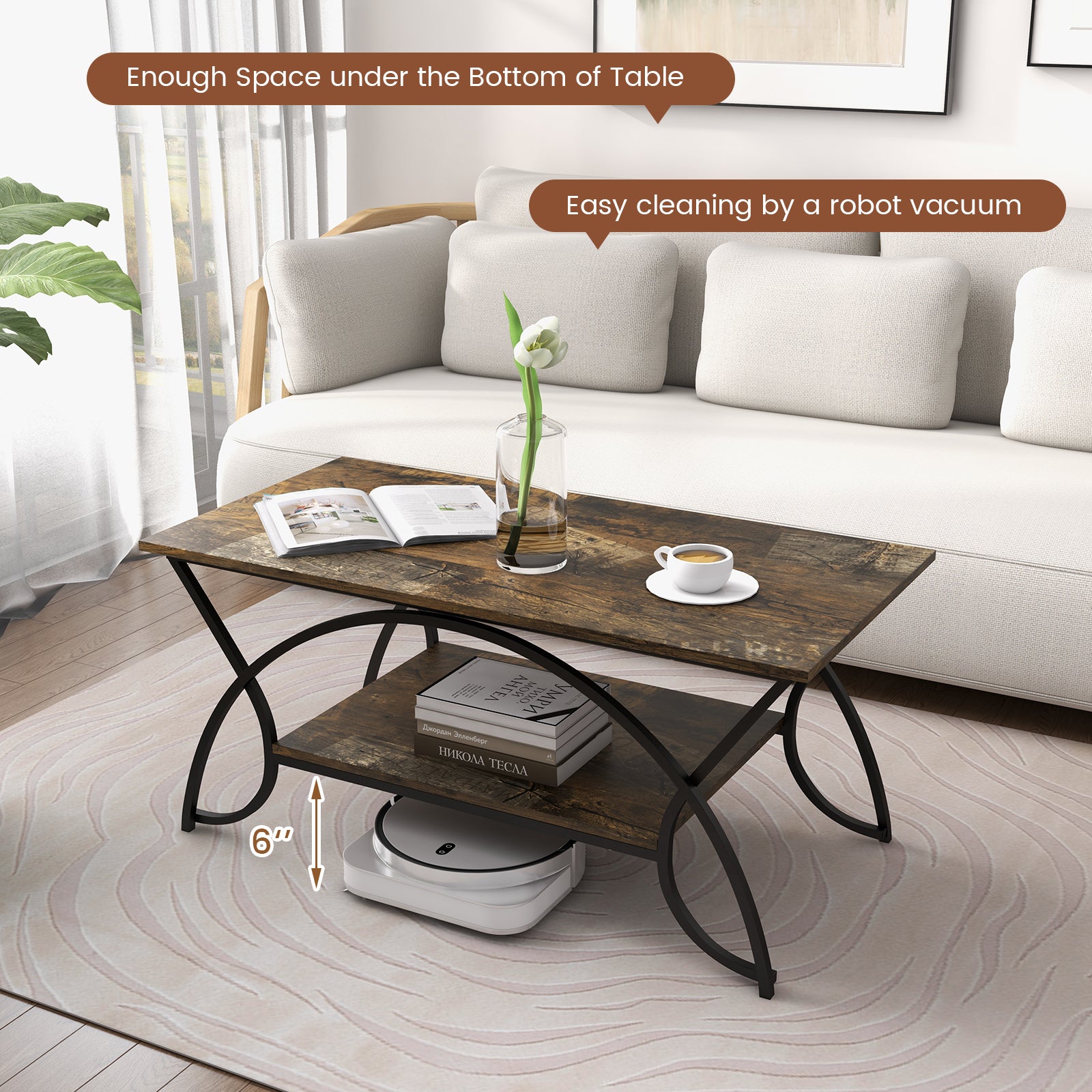 2-Tier Faux Marble Coffee Table with Marble Top and Metal Frame-Dark Brown