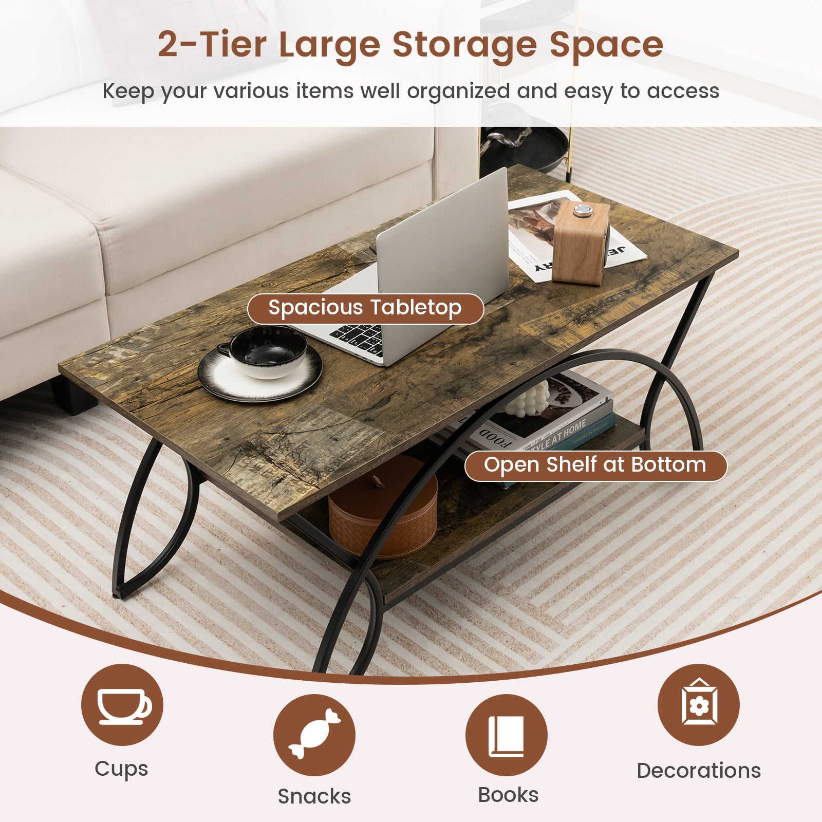 2-Tier Faux Marble Coffee Table with Marble Top and Metal Frame-Dark Brown