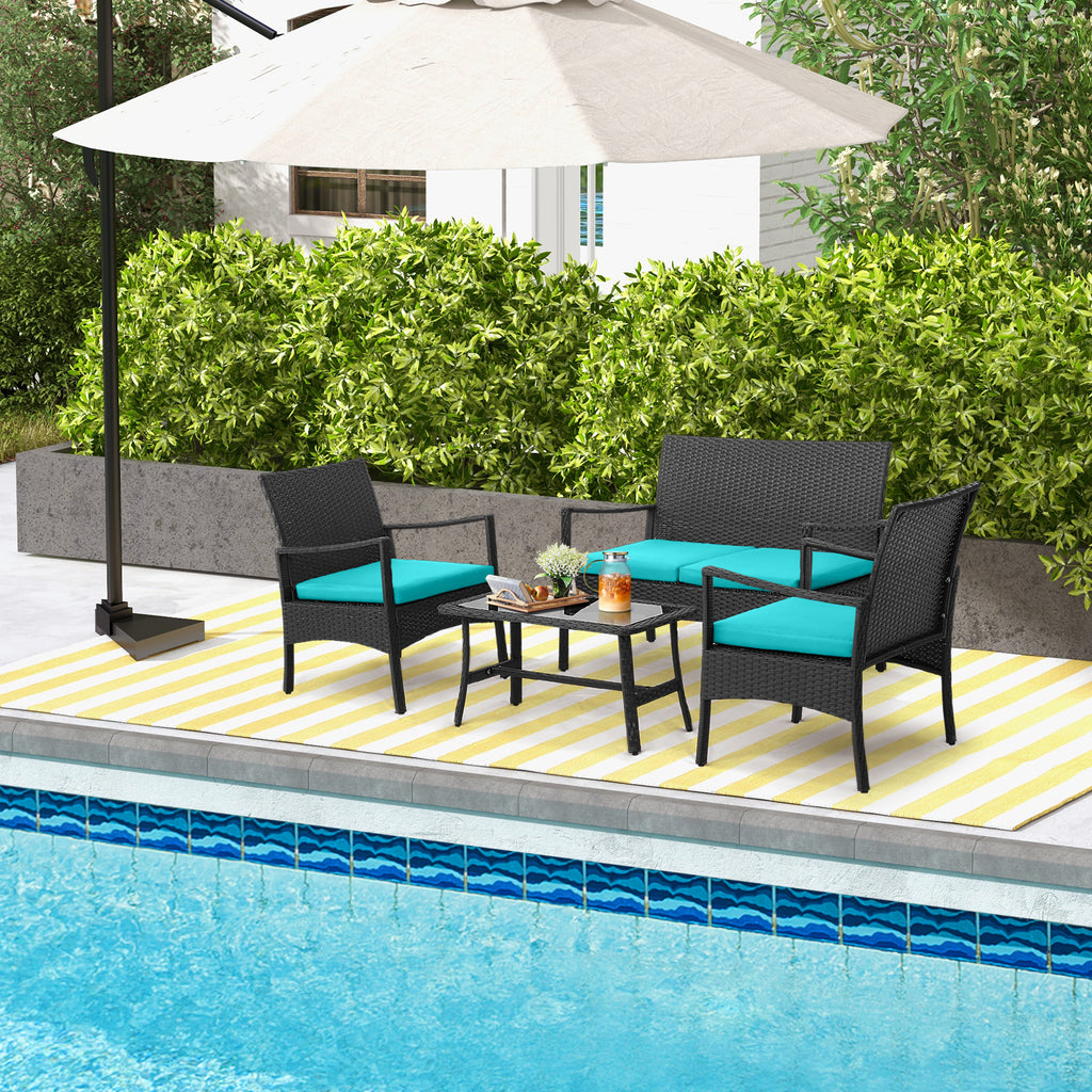 4 Pieces Rattan Conversation Set with Tempered Glass Coffee Table-Turquoise