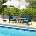 4 Pieces Rattan Conversation Set with Tempered Glass Coffee Table-Turquoise