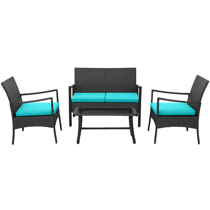 4 Pieces Rattan Conversation Set with Tempered Glass Coffee Table-Turquoise
