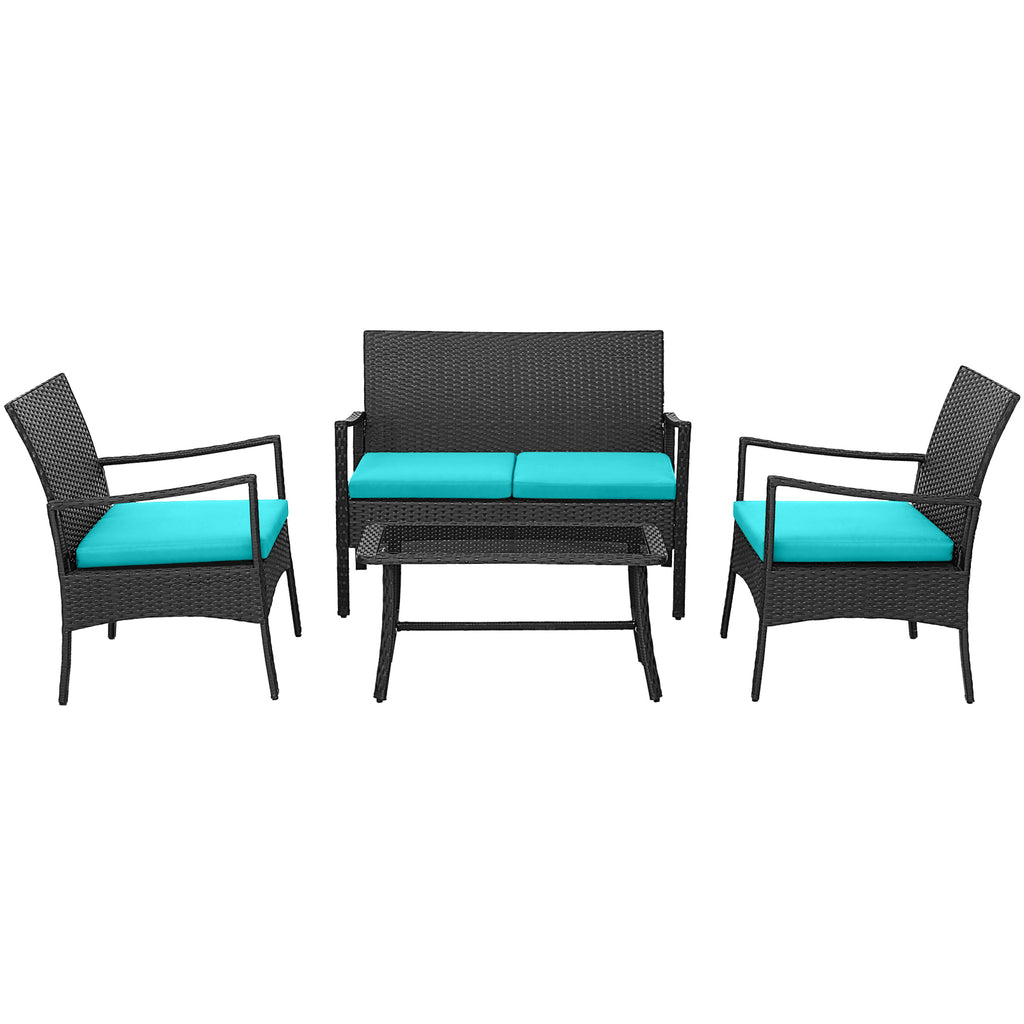 4 Pieces Rattan Conversation Set with Tempered Glass Coffee Table-Turquoise