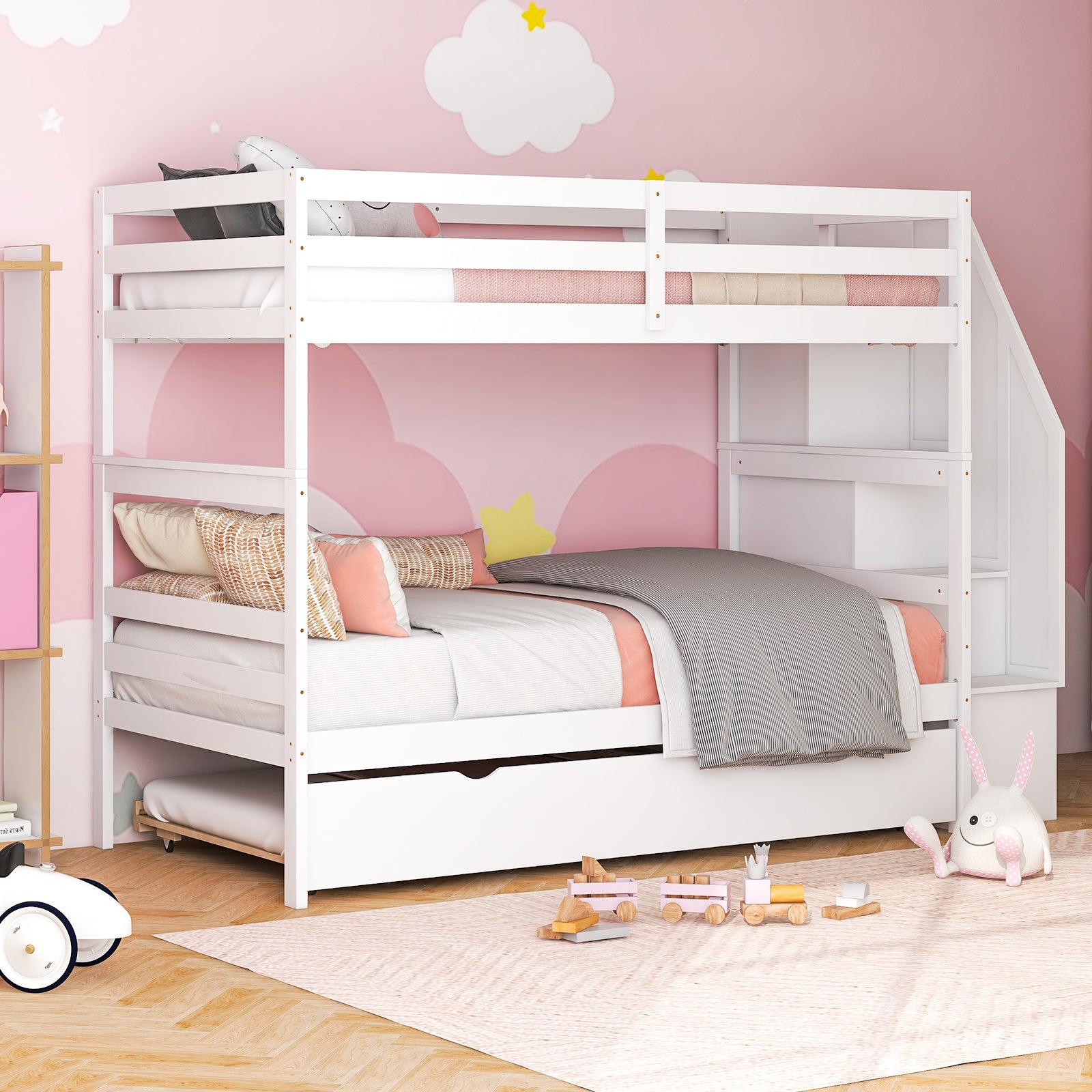 Home Wood Bunk Bed with Guard Rail and 4-step Storage Stairs No Box Spring Needed-White