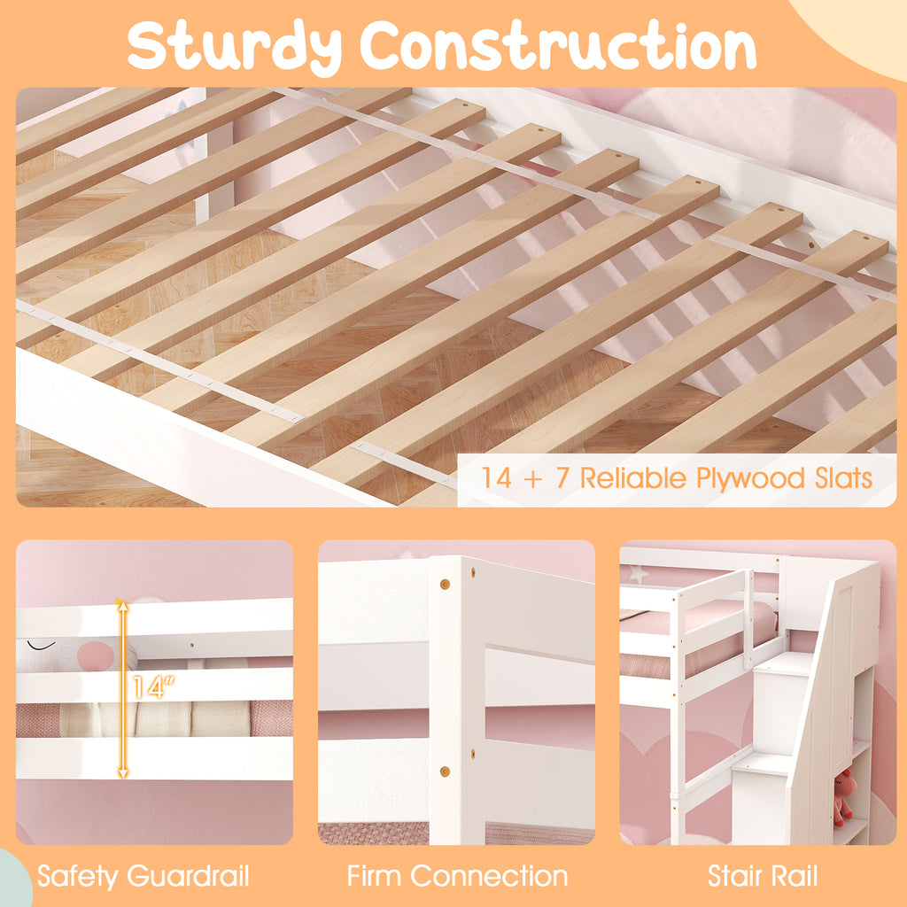 Home Wood Bunk Bed with Guard Rail and 4-step Storage Stairs No Box Spring Needed-White