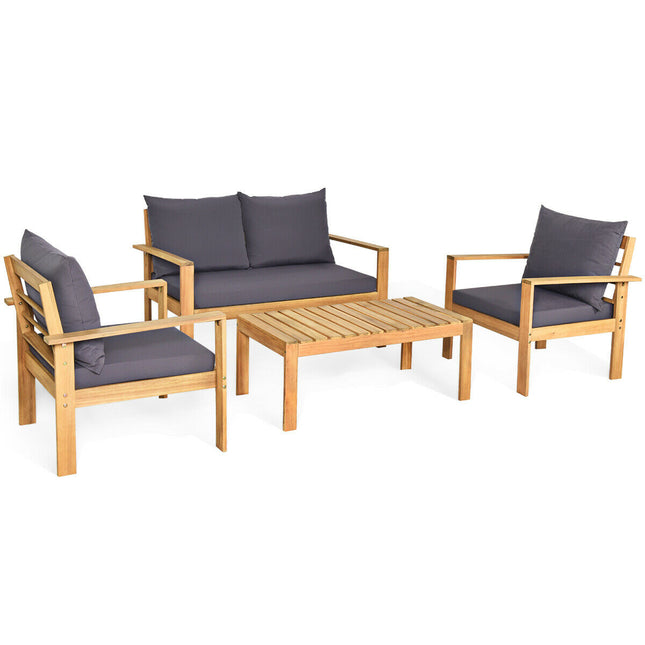 4 Pieces Outdoor Acacia Wood Chat Set with Removable Cushions and Table