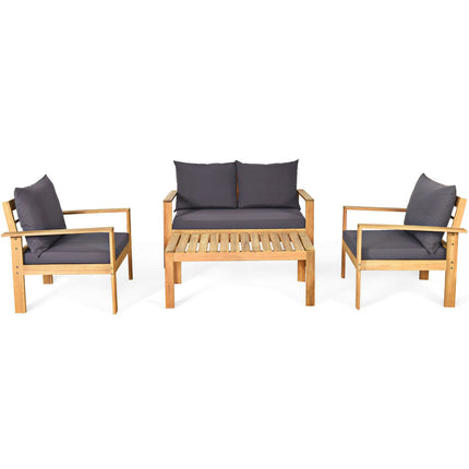 4 Pieces Outdoor Acacia Wood Chat Set with Removable Cushions and Table