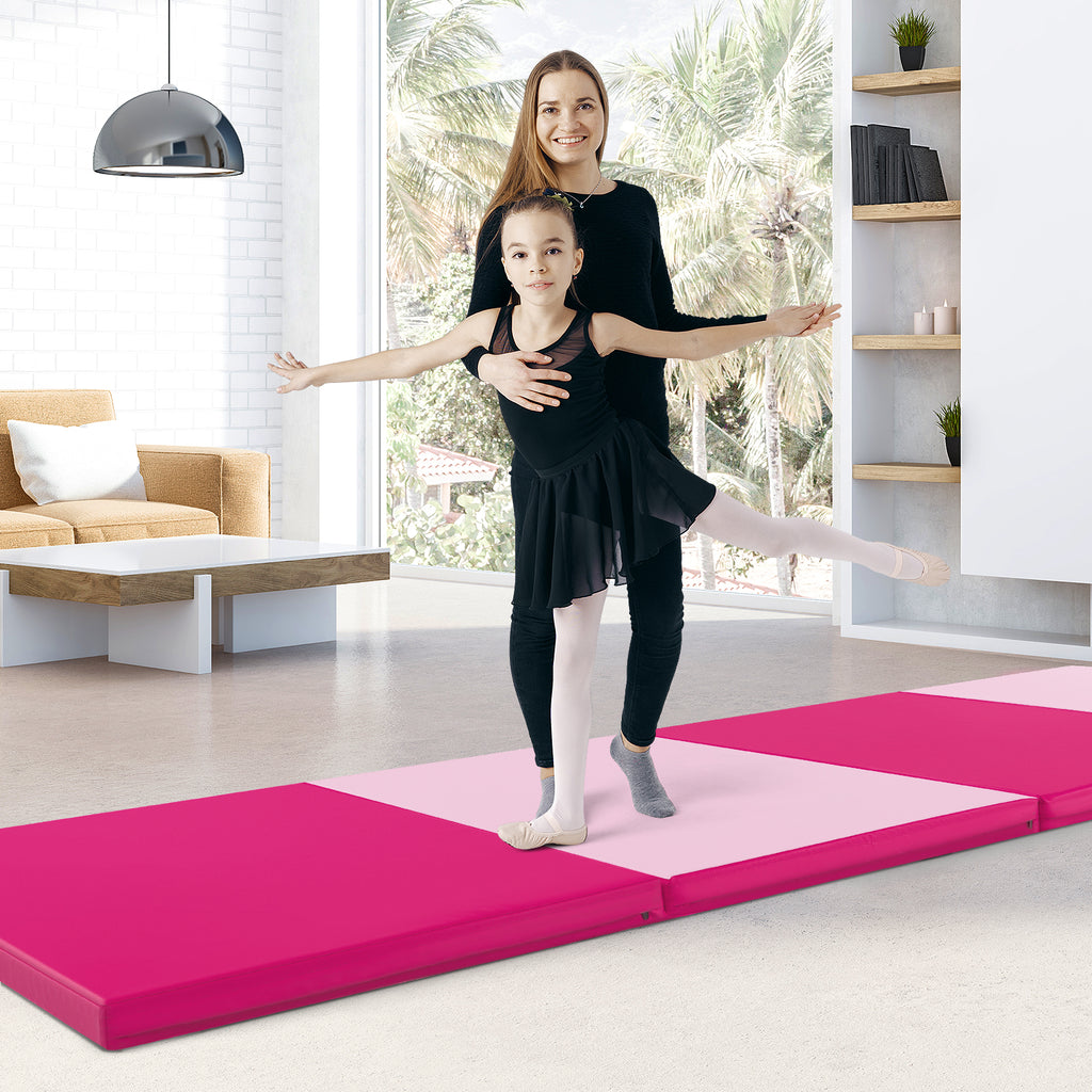 4-Panel PU Leather Folding Exercise Mat with Carrying Handles-Hot Pink