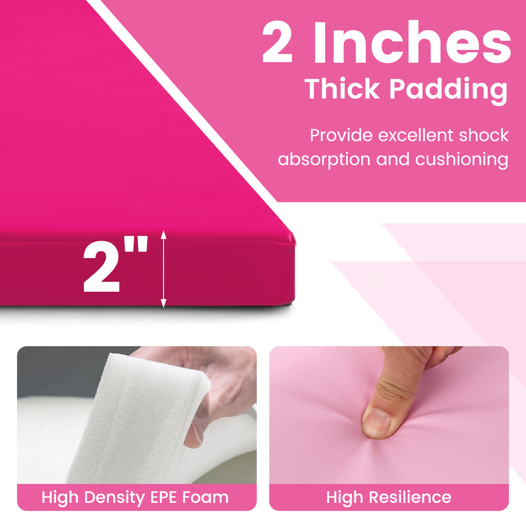 4-Panel PU Leather Folding Exercise Mat with Carrying Handles-Hot Pink