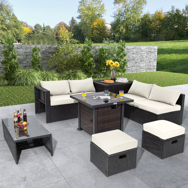 9 Pieces Patio Furniture Set with 32cm Fire Pit Table and 50000 BTU Square Propane Fire Pit-White