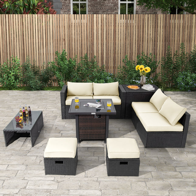 9 Pieces Patio Furniture Set with 32cm Fire Pit Table and 50000 BTU Square Propane Fire Pit-White