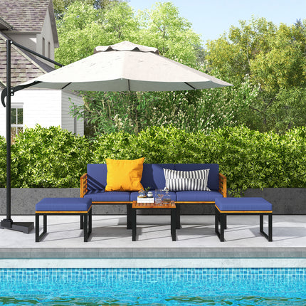 6 Pieces Patio Acacia Wood Conversation Sofa Set with Ottomans and Coffee Table-Navy