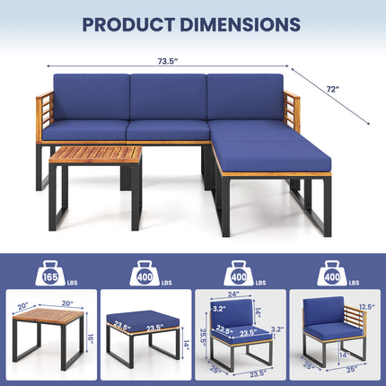6 Pieces Patio Acacia Wood Conversation Sofa Set with Ottomans and Coffee Table-Navy