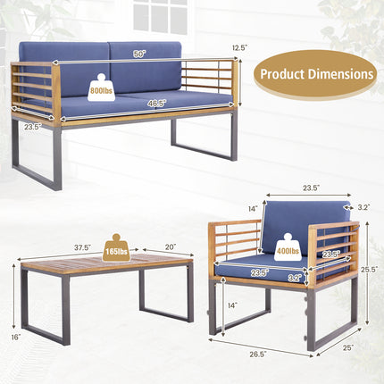 4 Piece Patio Acacia Wood Conversation Set with Soft Seat-Navy