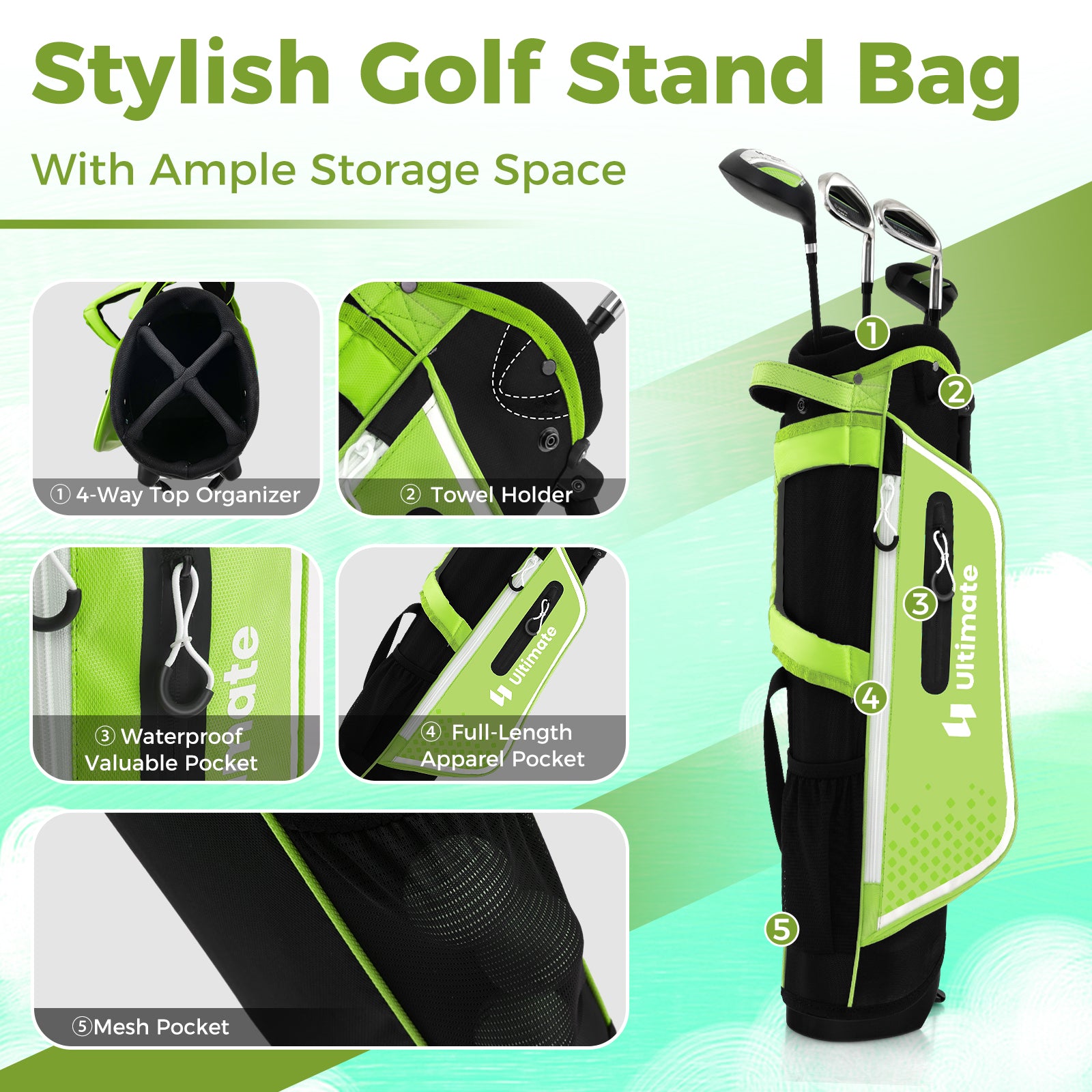 Junior Complete Golf Club Set for Kids with Rain Hood Right Hand Children Golf Age 8-10 Years Old-Green
