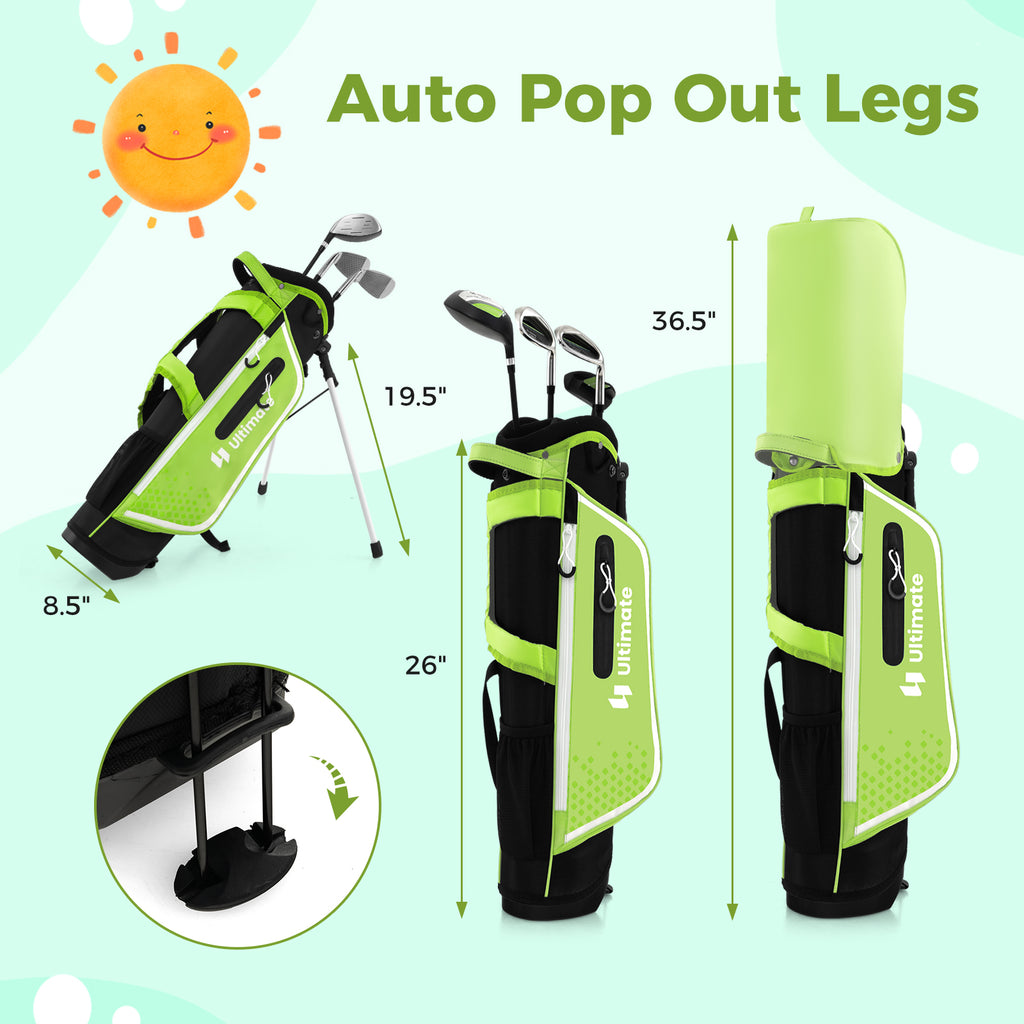 Junior Complete Golf Club Set for Kids with Rain Hood Right Hand Children Golf Age 8-10 Years Old-Green