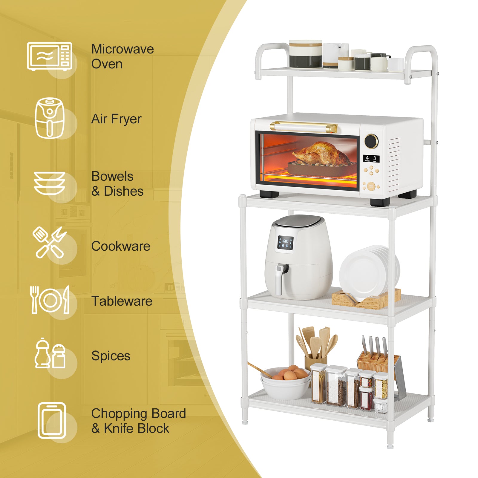 4-Tier Kitchen Storage Baker Microwave Oven Rack Shelves-White