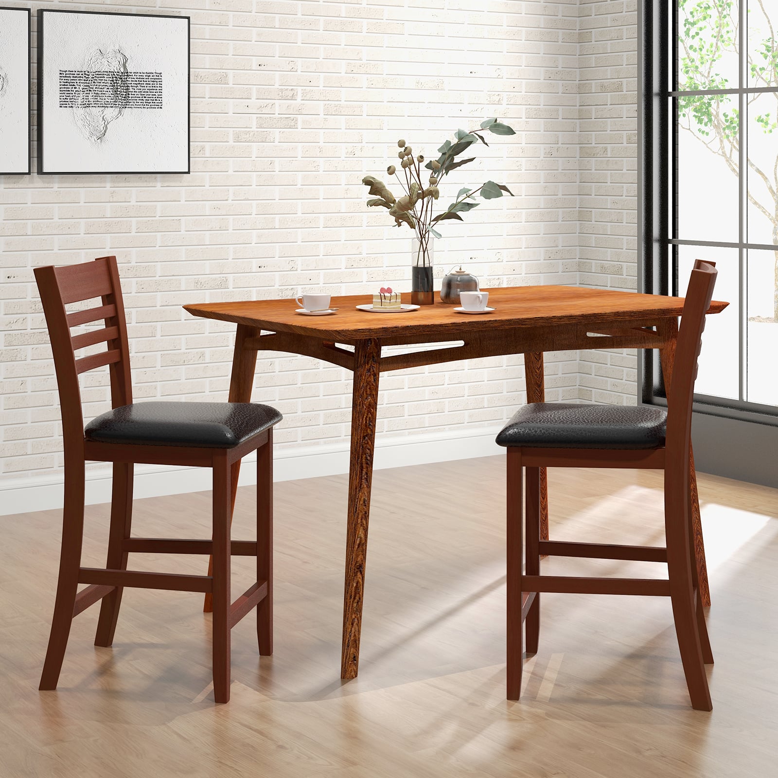 Set of 2 Counter Height Bar Chair Kitchen Island Stool with Backrest and Footrest-Walnut