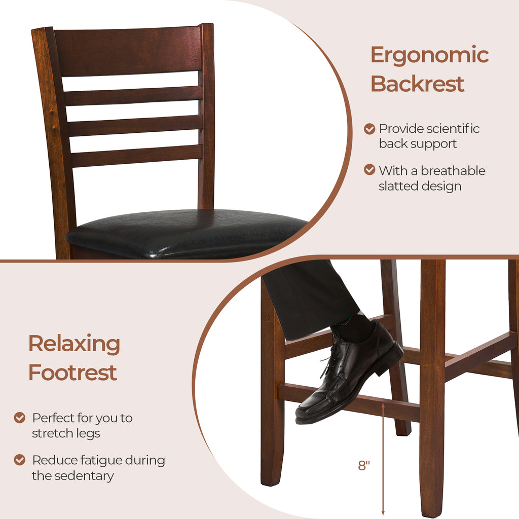 Set of 2 Counter Height Bar Chair Kitchen Island Stool with Backrest and Footrest-Walnut