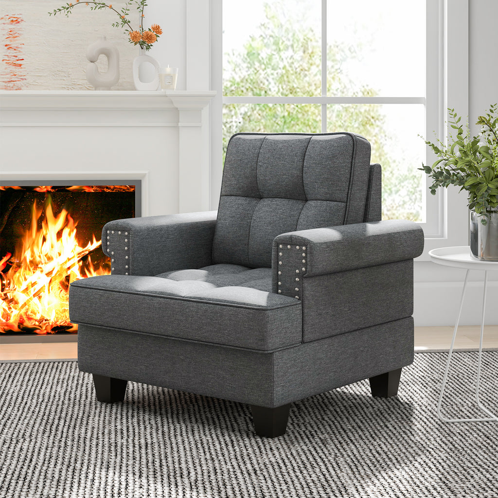 Mid-century Modern Accent Armchair Tufted Linen Club Chair-Gray