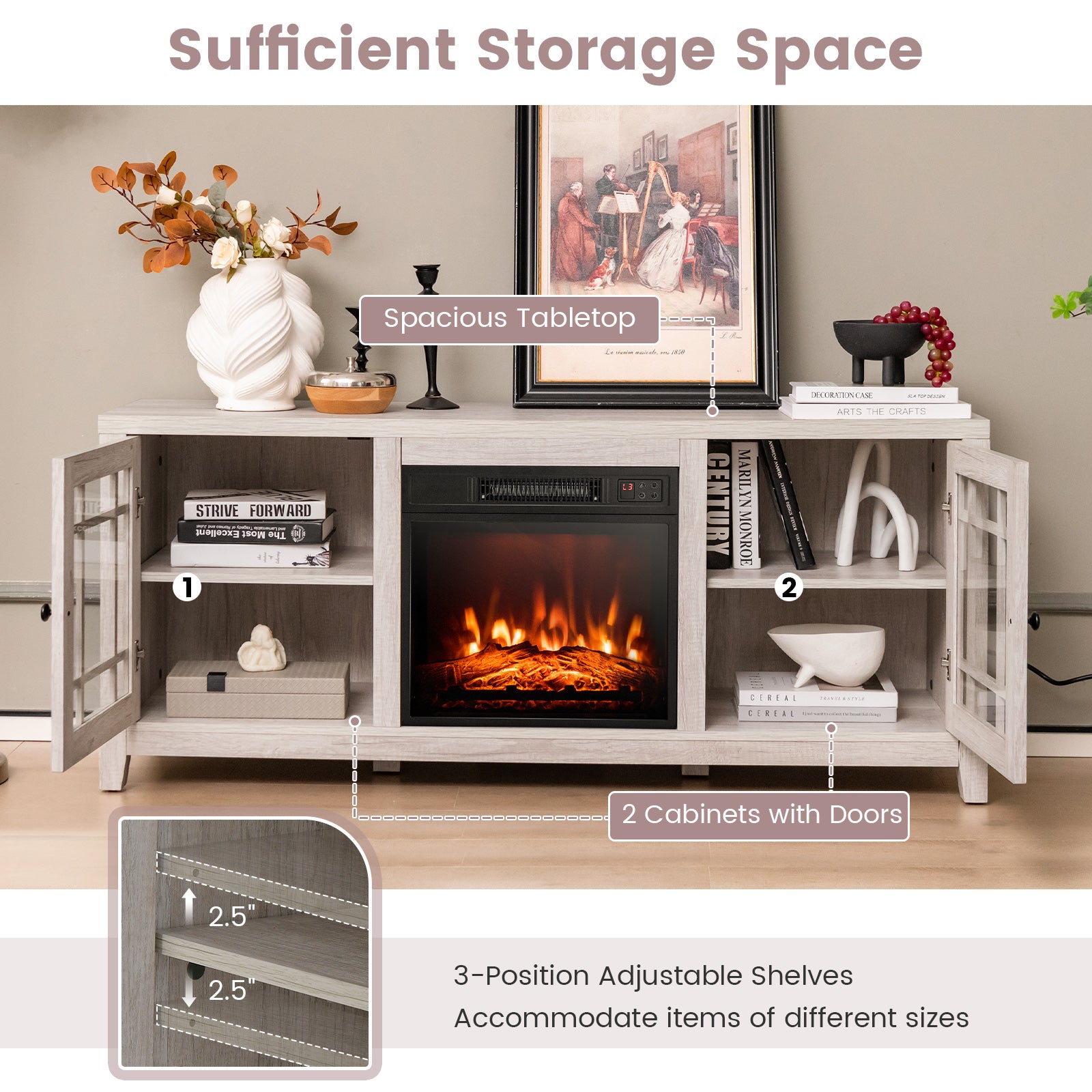 58 Inch Fireplace TV Stand with Adjustable Shelves for TVs up to 65 Inch-Natural