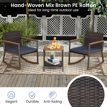 3 Pieces Rattan Rocking Bistro Set with Coffee Table and Cushions-Navy