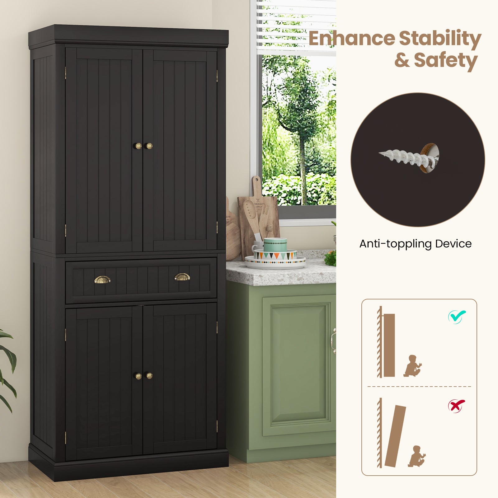 Cupboard Freestanding Kitchen Cabinet w/ Adjustable Shelves-Dark Brown