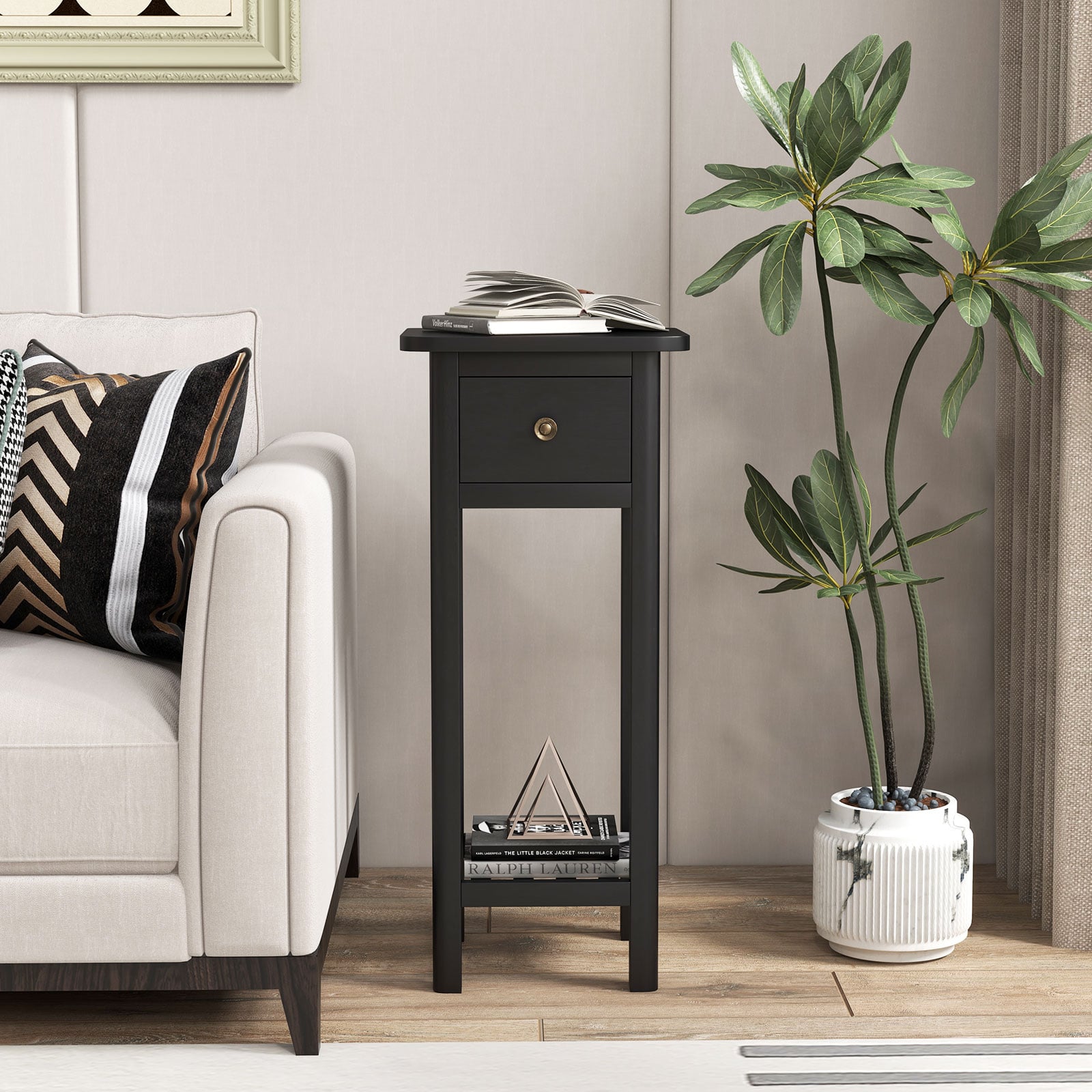 2 Tier Slim Nightstand Bedside Table with Drawer Shelf-Black
