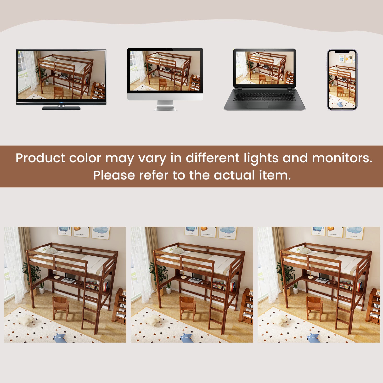 Twin Size Solid Wood Slatted Loft Bed Frame with Safety Guardrail for Kid-Brown