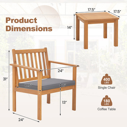 3 Pieces Patio Wood Furniture Set with soft Cushions for Porch-Gray