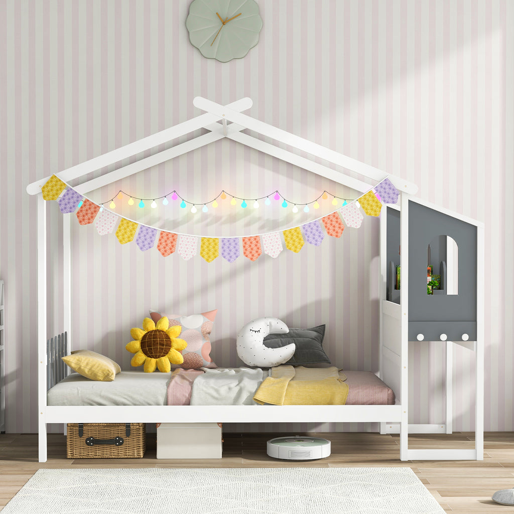 Twin/Full Bed Frame with House Roof Canopy and Fence for Kids-Full Size