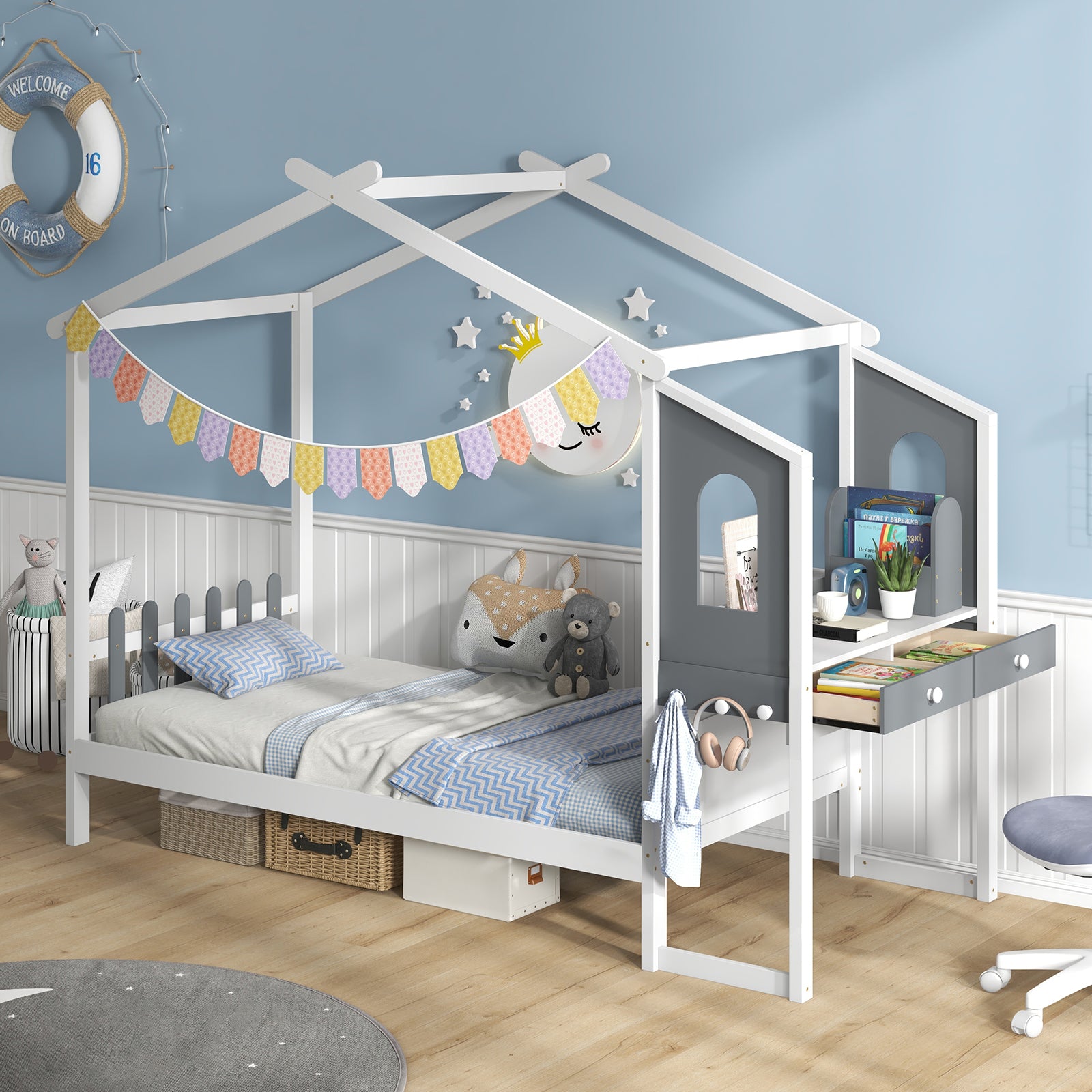 Twin/Full Bed Frame with House Roof Canopy and Fence for Kids-Full Size