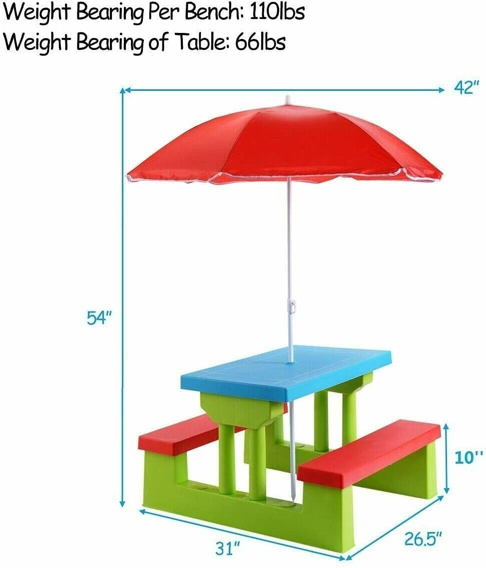 Table et bancs pliants de pique-nique pour enfants avec parasol
