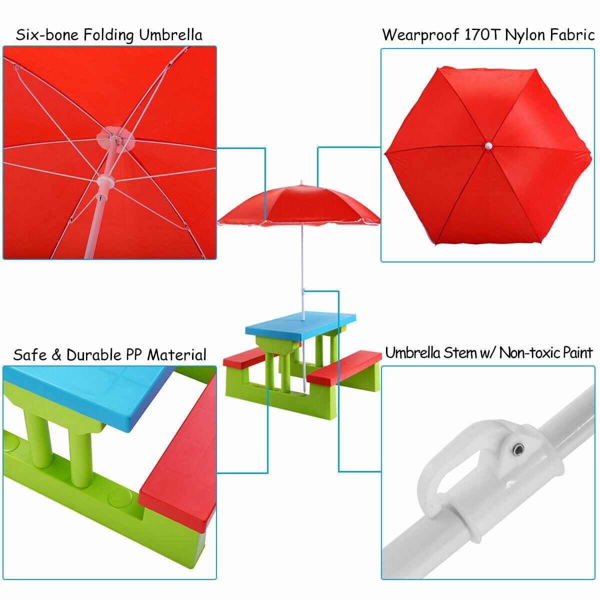 Table et bancs pliants de pique-nique pour enfants avec parasol