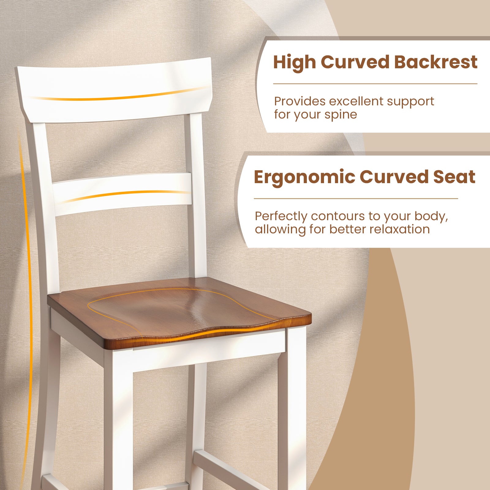 Farmhouse Dining Bar Stool Set of 2 with Solid Rubber Wood Frame-White