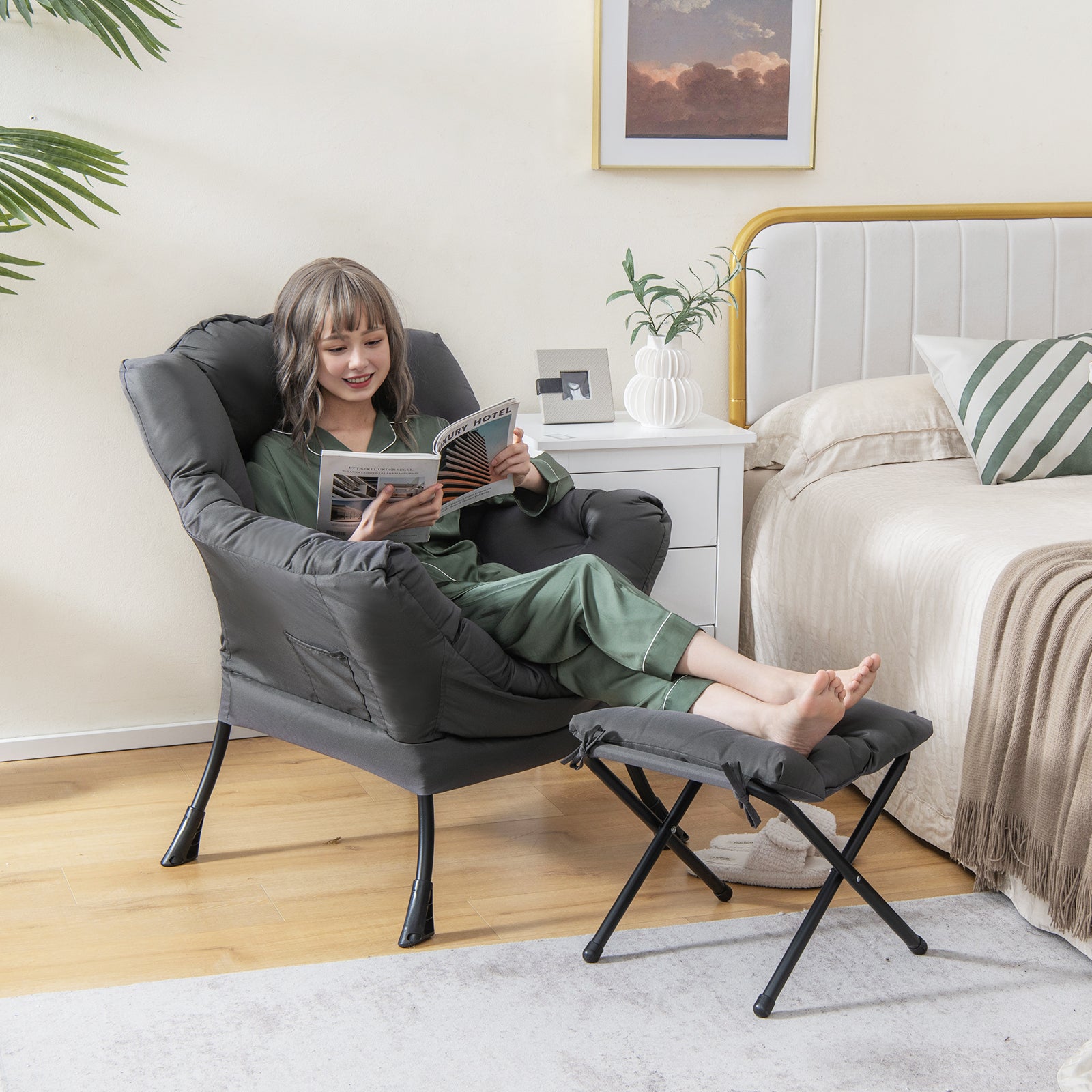 Modern Accent Sofa Chair with Folding Footrest and Side Pocket-Gray