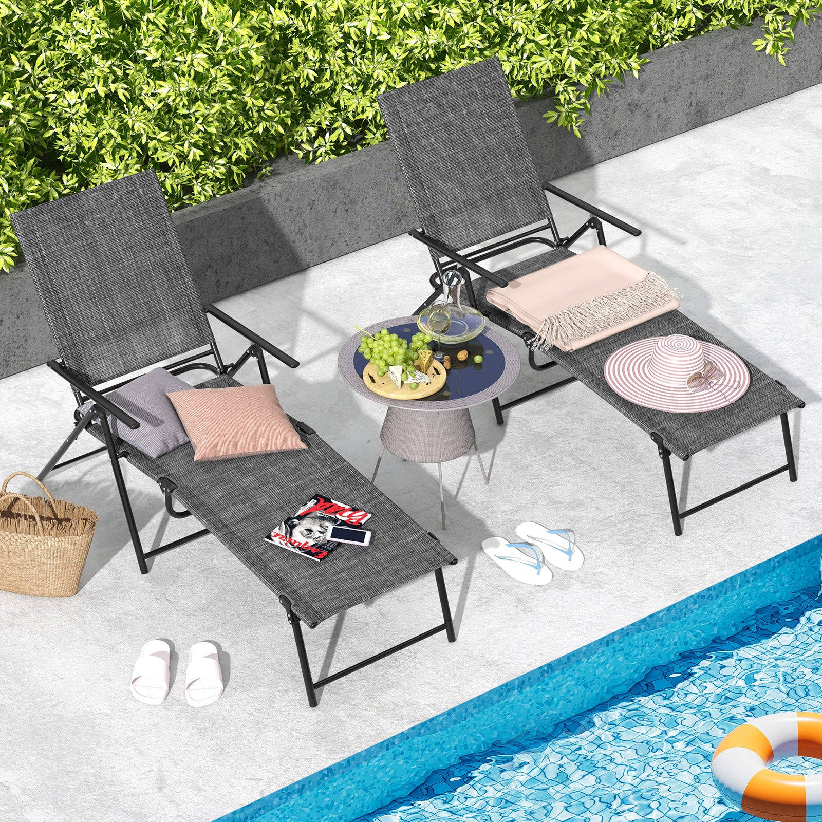 Lot de 2 chaises longues de jardin pliantes inclinables avec dossier à 6 positions – Gris